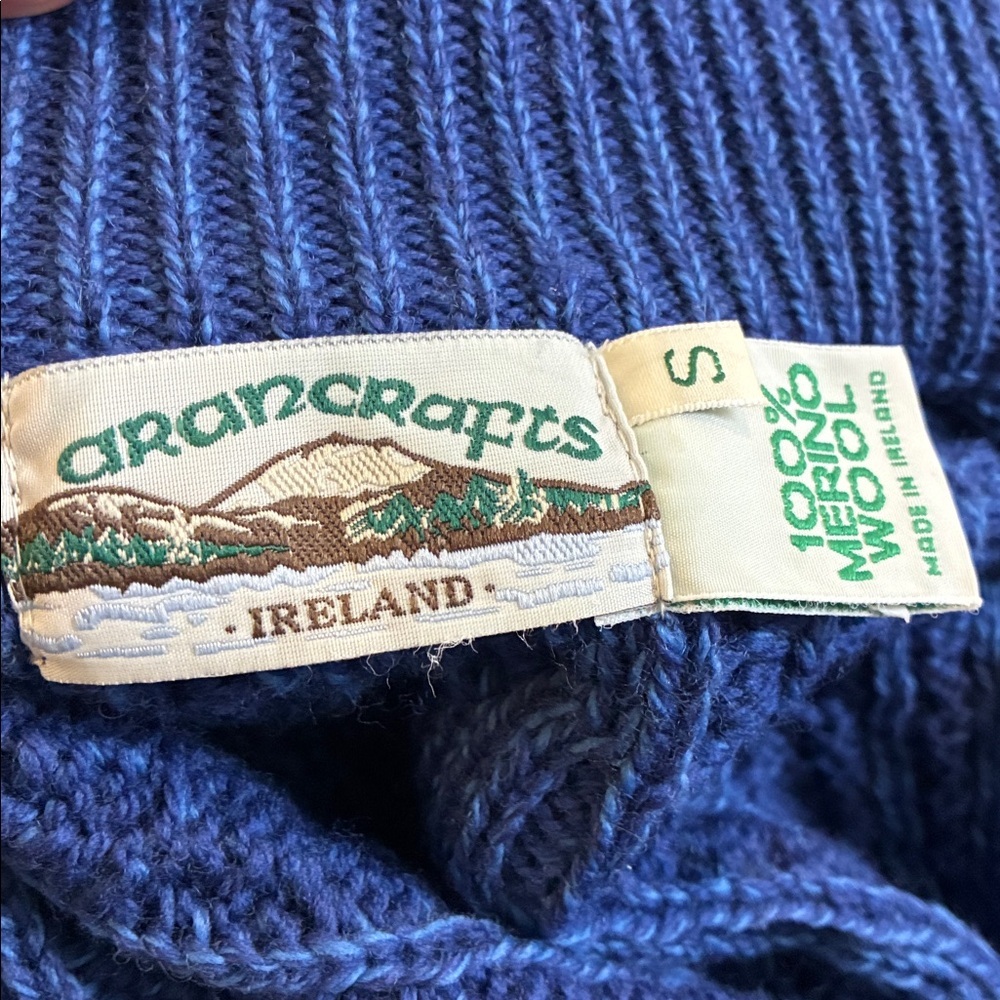 Aran Crafts‎ Ireland Blue Cable Knit Merino Wool Zip Cardigan Sweater S Cottage - Picture 14 of 16